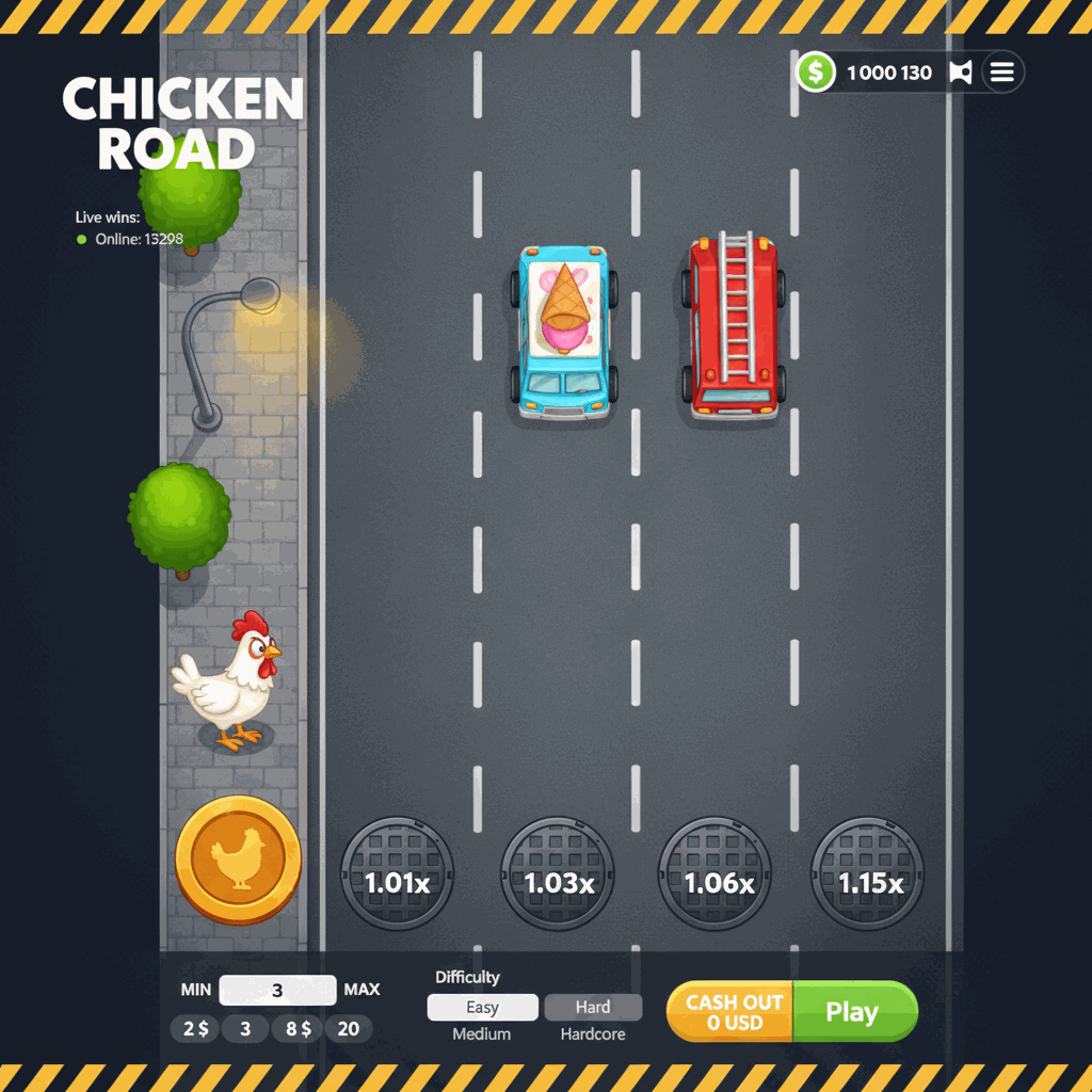 Chicken Road Crash-Spiel von InOut: Ein mutiges Huhn überquert eine mehrspurige Straße mit Autos, während der Multiplikator bei jeder erfolgreichen Spur steigt – ein spannendes Instant-Game mit Provably-Fair-Technologie
