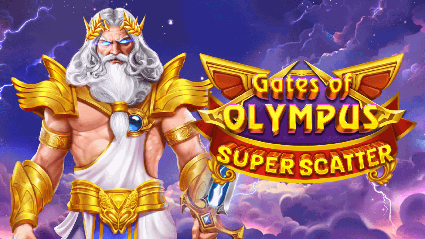 Zeus mit goldener Rüstung und weißem Bart über den Wolken des Olymp neben dem Walzenfeld von Gates of Olympus Super Scatter mit rotem Kugel-Symbol, goldener Krone, Super-Scatter-Zeichen und Edelstein-Symbolen